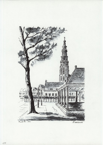 964-379 Gezicht op de Lange Jan vanaf het Damplein met op de voorgrond de Graanbeurs.