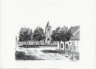 964-396 Het dorpsplein met de Nederlandse Hervormde kerk te Biggekerke.