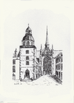 964-435 Gezicht op het stadhuis, de Korte Kerkstraat en het noordertransept van de Grote of Maria Magdalenakerk te Goes