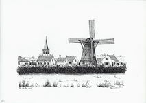 964-521 Gezicht op Kruiningen met de Oude Molen en de toren van Nederlandse Hervormde kerk