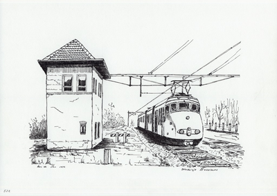 964-522 Een trein passeert het seinhuisje te Middelburg