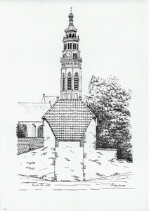 964-950 Gezicht op de achterzijde van het tuinhuis van 't Hofje Onder den toren en de abdijtoren te Middelburg.