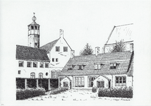964-953 Gezicht op 't Hofje Onder den toren en het Polderhuis te Middelburg.
