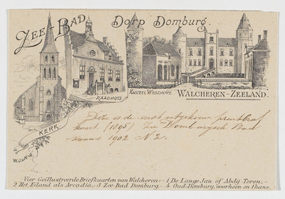 100 Zee-Bad Dorp Domburg. Het raadhuis, kasteel Westhove en de kerk te Domburg, naar tekeningen van W.J. van N.-R