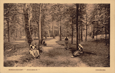 10057 Boschgezicht Hoogduin . Poserende kinderen in klederdracht in het bos op het landgoed Hoogduin bij Domburg