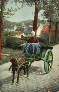 10210 Hondenkar. Een vrouw in Zeeuwse klederdracht (mogelijk Walcheren) met de teugels op een hondenkar (hond met muilkorf)