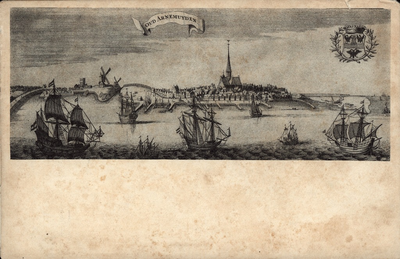 10375 Oud Arnemuyden. Gezicht op de oude stad Arnemuiden (fantasie), met schepen en wapen van Arnemuiden