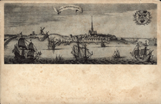 10375 Oud Arnemuyden. Gezicht op de oude stad Arnemuiden (fantasie), met schepen en wapen van Arnemuiden