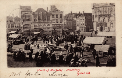 10456 Markt op Marktdag - Middelburg Groet uit. Gezicht op de weekmarkt op de Grote Markt te Middelburg