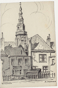 10466 Vlissingen. Gezicht op de Sint Jacobstoren te Vlissingen en omringende huizen