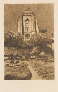 1052 De grote kerk te Veere gezien vanuit een tuin van een huis aan de Wagenaarstraat