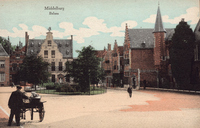 10911 Middelburg Balans. Gezicht op de Balans te Middelburg met fontein, Sint Jorisdoelen en een deel van de Abdijgebouwen