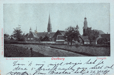 10926 Oostburg Torenzicht. Gezicht op Oostburg met de torens van kerk en stadhuis