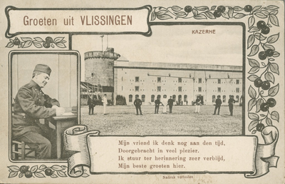 11367 Groeten uit Vlissingen. Twee impressies van Vlissingen: de kazerne met de bomvrije toren en een militair