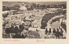 1510 Panorama - Middelburg Groet uit. Gezicht vanaf de Abdijtoren op de Dam en Oostkerk en omgeving te Middelburg, in ...