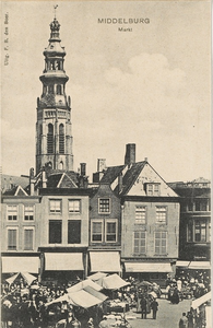 1533 Middelburg Markt. Gezicht op de hoek van de weekmarkt bij de Lange Delft en de Burg te Middelburg met op de ...