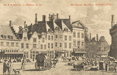 1611 De Groote Markt te Middelburg. Gezicht op de Grote Markt te Middelburg, tussen de Vlasmarkt en de Pottenmarkt. ...