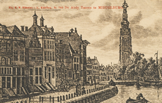 1701 De Abdy Tooren te Middelburg. Gezicht op de Dwarskaai en de Dam te Middelburg, op de achtergrond de ...