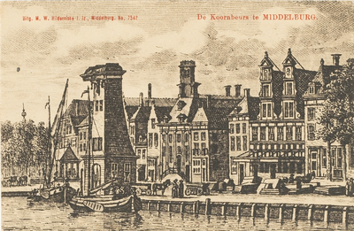 1702 De Koornbeurs te Middelburg. Gezicht op de Dam Noordzijde te Middelburg met de kraan en daarachter de graanbeurs. ...