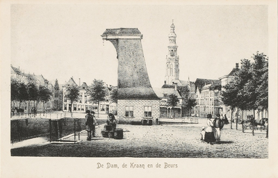 1706 De Dam, de Kraan en de Beurs. De kraan aan de Dam Noordzijde te Middelburg, met erachter de graanbeurs en de ...