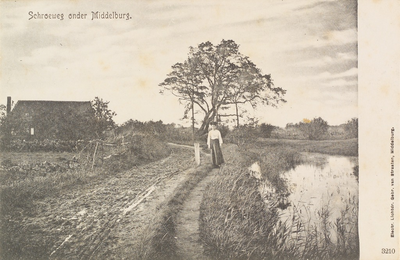 2123 Schroeweg onder Middelburg. Een wandelende vrouw op de Schroeweg bij Middelburg
