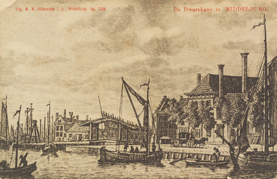 2482 De Dwarskaay te Middelburg. Gezicht op de Dwarskaai te Middelburg. Reproductie van een kopergravure, circa 1790, ...