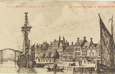 2552 De Rouaansche Kaay te Middelburg. Gezicht op de Rouaansekaai te Middelburg.Reproductie van een kopergravure, circa ...
