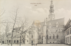 2985 Middelburg Abdij. Gezicht op het Abdijplein te Middelburg met de abtswoning met galerij, de Witte Toren, de ...