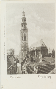 3308 Lange Jan. Middelburg. Gezicht op de Koorkerk en de Abdijtoren te Middelburg vanuit de Reigerstraat
