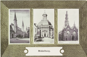 3369 Middelburg. Abdij / Koepelkerk / Nieuwe Kerk met Langejan. Gezichten op het Abdijplein, de Oostkerk en de Nieuwe ...