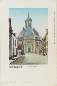 3371 Middelburg Oost Kerk. Gezicht op de Oostkerk vanuit de Breestraat te Middelburg