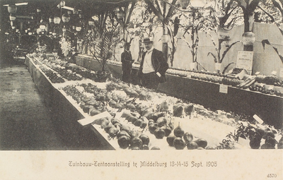 3681 Tuinbouw-Tentoonstelling te Middelburg 13-14-15 Sept. 1905. Presentatie van fruitsoorten als onderdeel van de ...