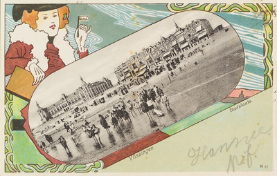 3963 Vlissingen Badplaats. Een tekening met een foto van het badstrand en het Grand Hotel des Bains, het latere ...