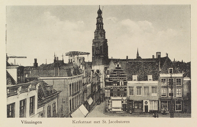 4182 Vlissingen, Kerkstraat met St. Jacobstoren. Gezicht op de Kerkstraat met de Sint Jacobstoren, gezien vanaf het ...