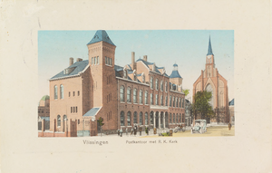 4633 Vlissingen Postkantoor met R. K. Kerk. Het postkantoor aan de Steenen Beer en de rooms-katholieke kerk te Vlissingen