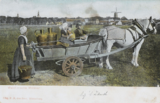 512 Walchersche Melkkar. Een Walcherse melkkar met paard bij 't Zand (Gem. Koudekerke) met Middelburg op de achtergrond