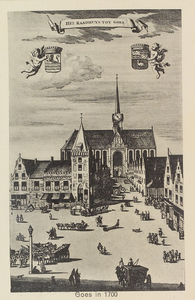 5423 Goes in 1700 / Het Raaduys tot Goes. Gezicht op de Grote Markt en de Korte Kerkstraat in Goes, met het stadhuis en ...