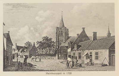 5547 Heinkensant in 1700. Gezicht op een straat in Heinkenszand met de Nederlandse Hervormde kerk en het raadhuis (met ...