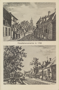 5557 Hoedekenskerke in 1700. Gezichten op de Kerkstraat en een andere straat in Hoedekenskerke, naar achttiende-eeuwse ...