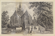 5606 Kapelle in 1700. Gezicht op de Nederlandse Hervormde kerk en een deel van het Kerkplein in Kapelle naar een ...
