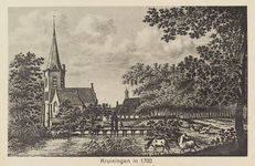 5675 Kruiningen in 1700. Gezicht op de Nederlandse Hervormde kerk in Kruiningen, naar een 18de-eeuwse kopergravure