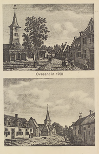 5743 Ovesant in 1700. Gezichten op de Nederlandse Hervormde kerk met viskot en rechts de gemeenteherberg aan het ...