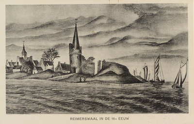 5763 Reimerswaal in de 16e eeuw. Gezicht op het restant van de stad Reimerswaal in de zestiende eeuw, naar een ...