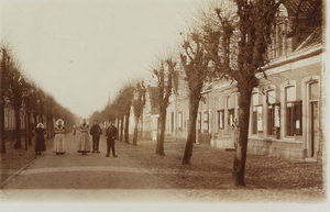 5821 Gezicht op de met leilinden beplante Dorpsstraat in Wemeldinge, met rechts het gemeentehuis