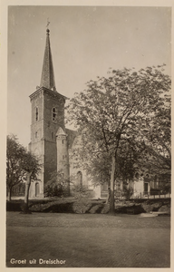 6258 Groet uit Dreischor. De Nederlandse Hervormde kerk te Dreischor, gezien aan de zijde van de toren