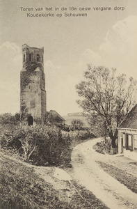6409 Toren van het in de 16e oeuw vergane dorp Koudekerke op Schouwen. De Plompetoren te Koudekerke (S) vanuit het oosten