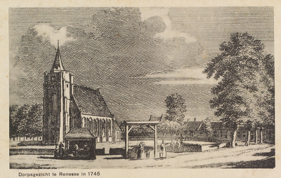 6529 Dorpsgezicht te Renesse in 1745. Gezicht op de Jacobuskerk en de Kromme Reke in Renesse