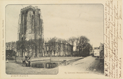 6879 Zierikzee St. Lievens-Monstertoren. Gezicht op de Sint Lievensmonstertoren en de Nieuwe Kerk te Zierikzee, met op ...