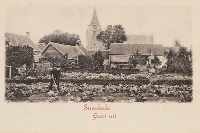 840 Serooskerke Groet uit. Gezicht op enige huizen en de Nederlandse Hervormde kerk te Serooskerke (Walcheren) met op ...
