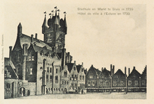 8543 Stadhuis en Markt te Sluis in 1739 Hôtel de ville à l'Ecluse en 1739. Gezicht op de Markt te Sluis met het belfort ...